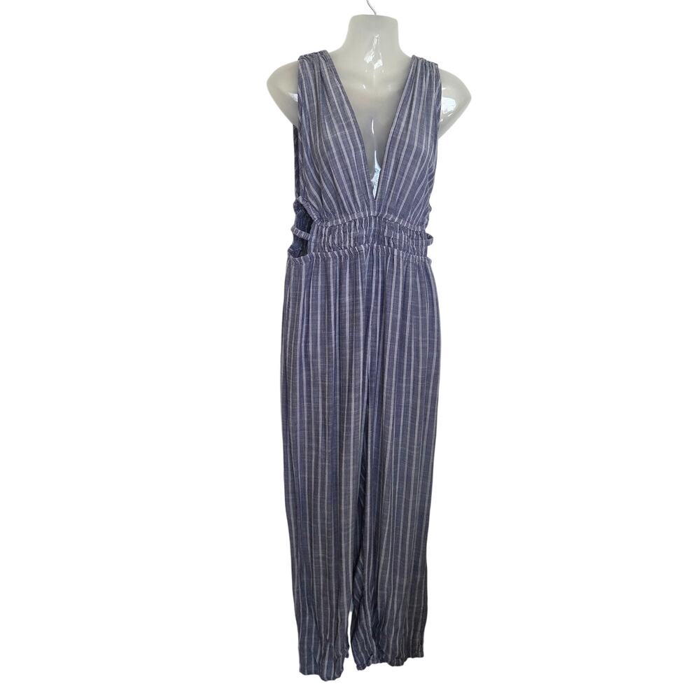 Indulge Blue Striped Elastic Waist Plunge V-Neck Wide Leg One-Piece Jumpsuit XL